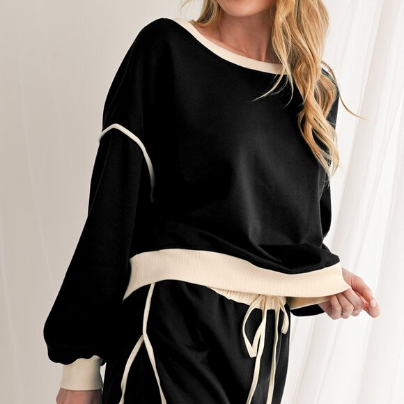 B301 Black Contrast Trim Loose Pullover and Lace Up Skort Set - Picture 3 of 11